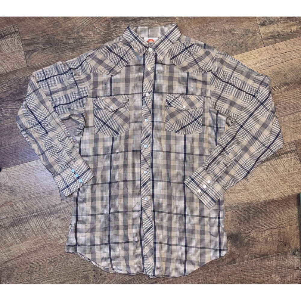 Vintage 70s Button Up Men L Tan Navy Plaid Saturdays in California Pearl Snaps